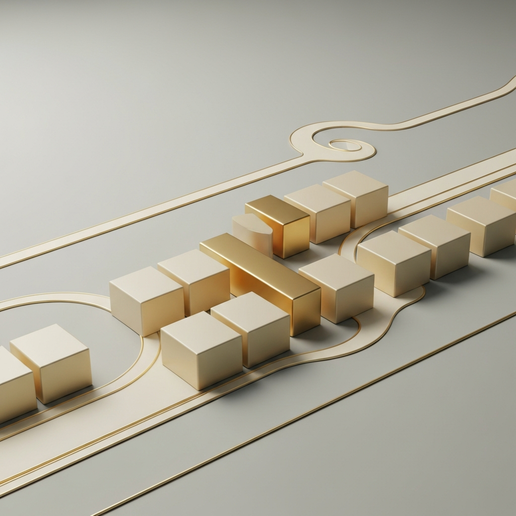 Abstract gold blocks moving along tracks
