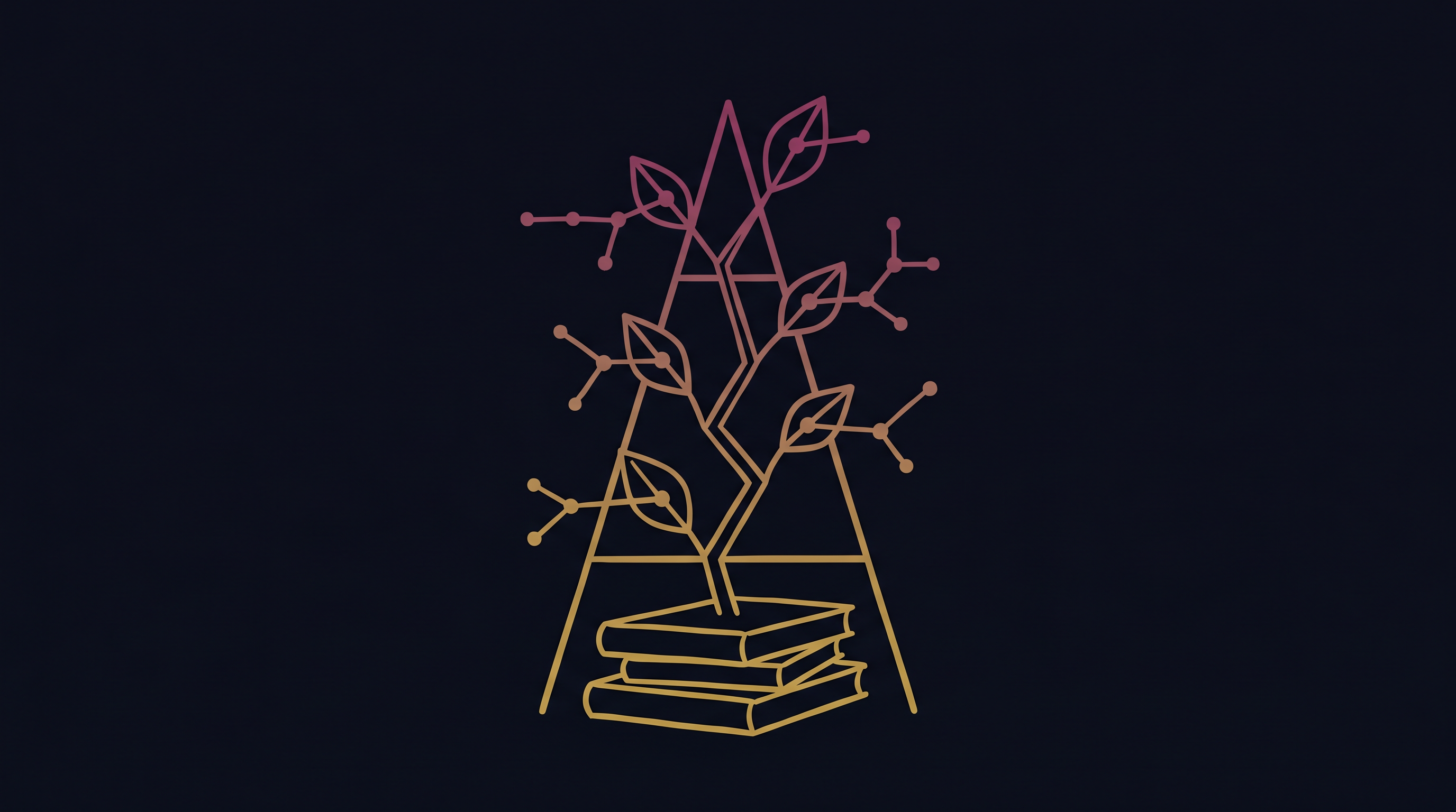 Line-art showing small systems compounding into a larger network, gold-to-magenta gradient on dark slate