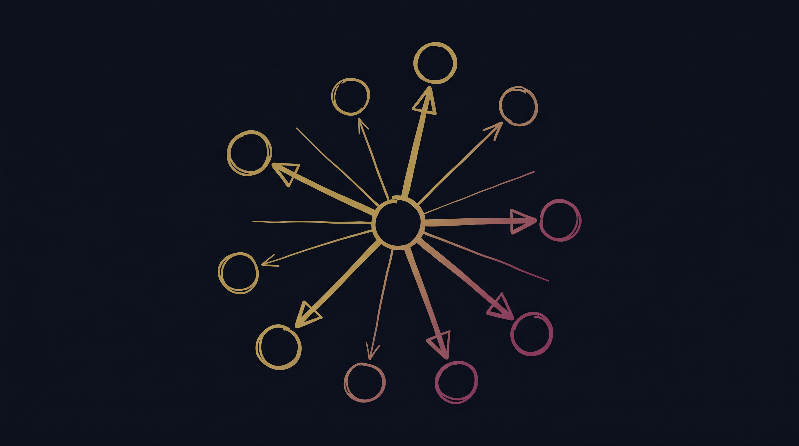 Line-art diagram of data flow converging through a delta, gold-to-magenta gradient on dark slate